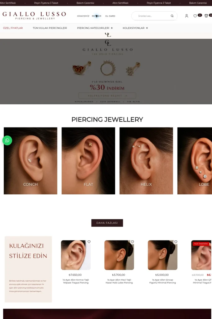 Giallo Lusso ana sayfası ve piercing kategorileri