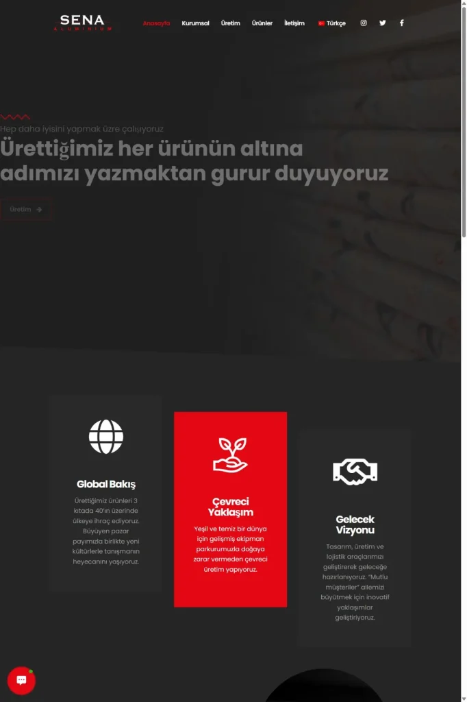 Sena Alüminyum Web Sitesi tasarım detayı
