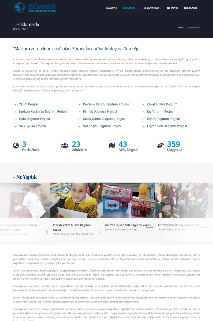 Zümer Yardımlaşma Derneği Web Sitesi tasarım detayı