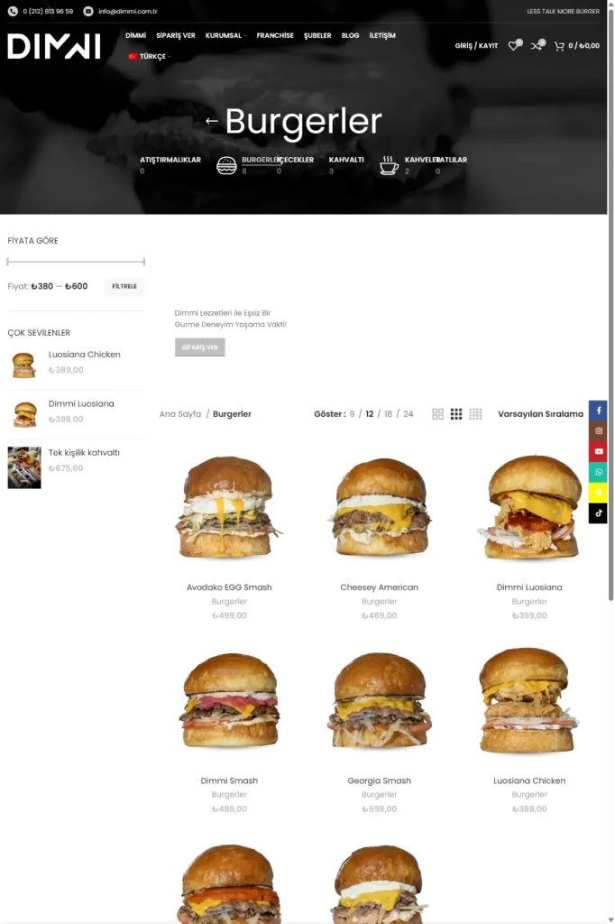 DIMMI Coffee & Burger Web Sitesi ve QR Menü tasarım detayı