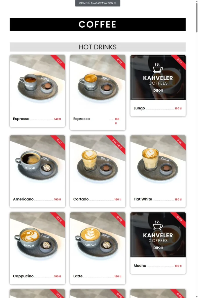 DIMMI Coffee & Burger Web Sitesi ve QR Menü tasarım detayı