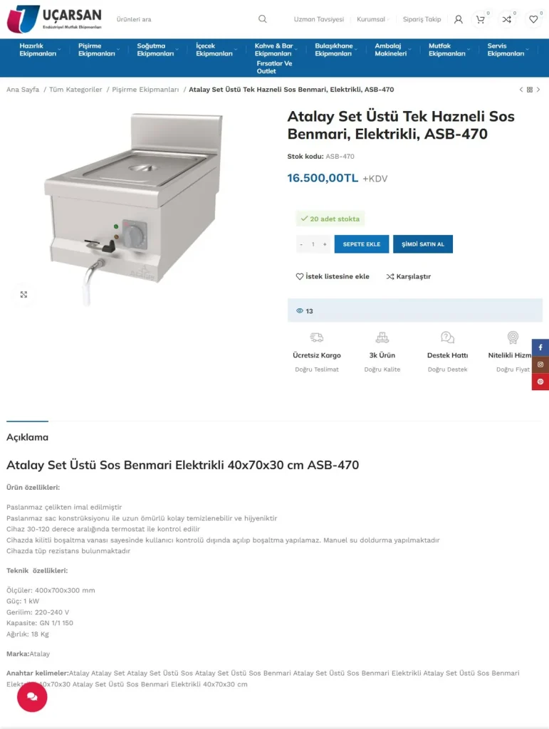 Uçarsan Mutfak E-Ticaret Web Sitesi tasarım detayı