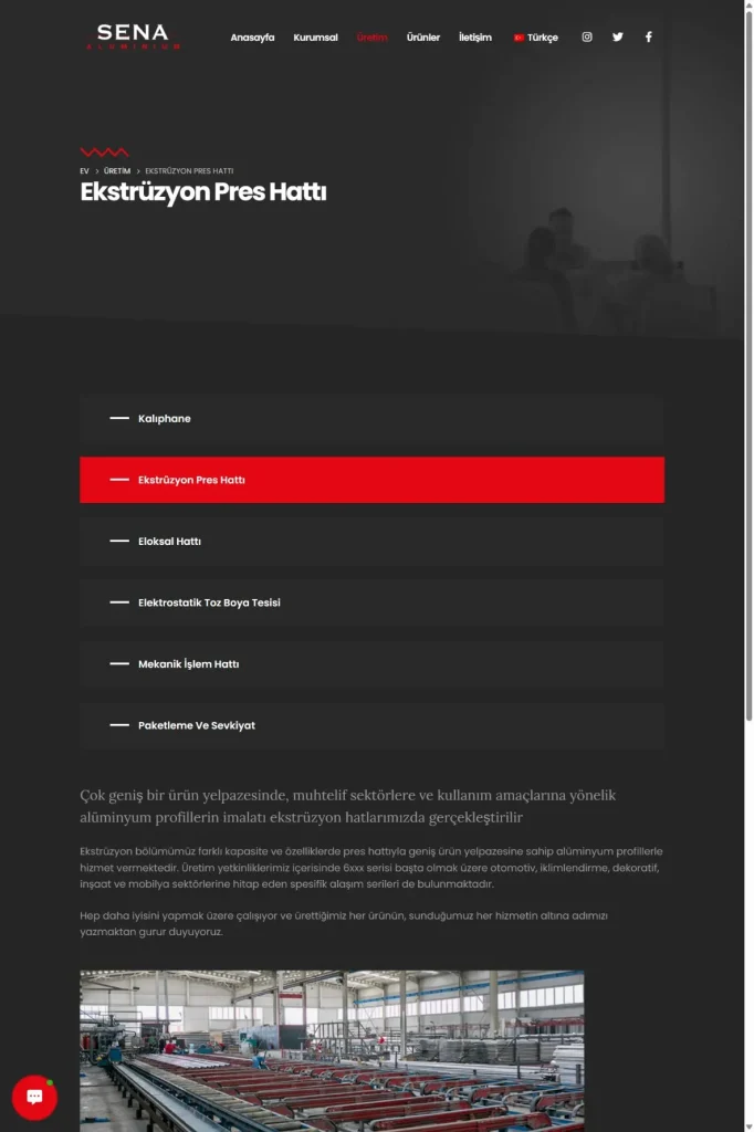 Sena Alüminyum Web Sitesi tasarım detayı