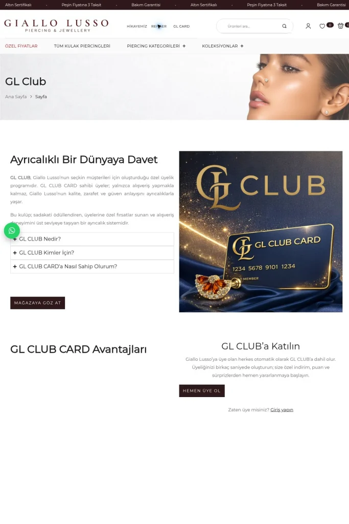 Giallo Lusso GL Club ayrıcalıkları sayfası