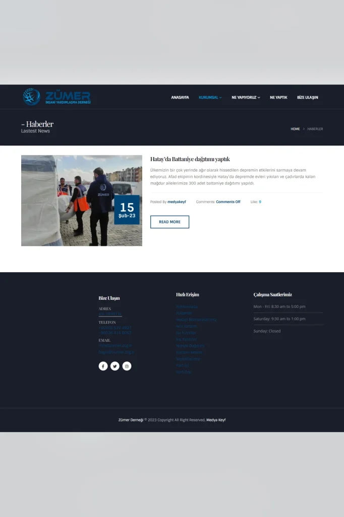 Zümer Yardımlaşma Derneği Web Sitesi tasarım detayı