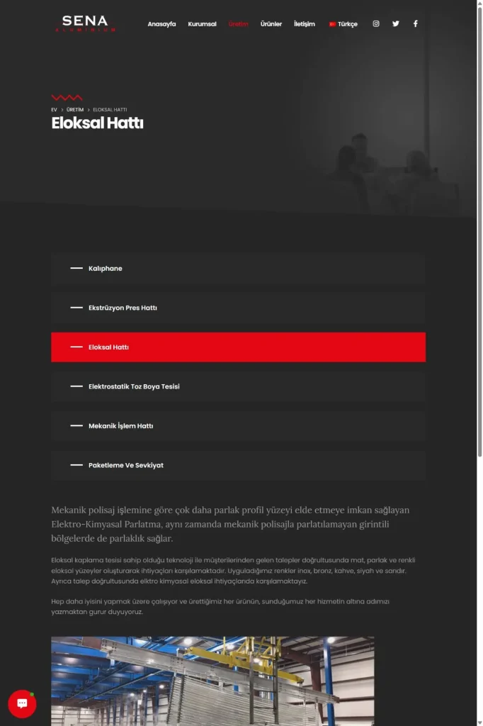 Sena Alüminyum Web Sitesi tasarım detayı