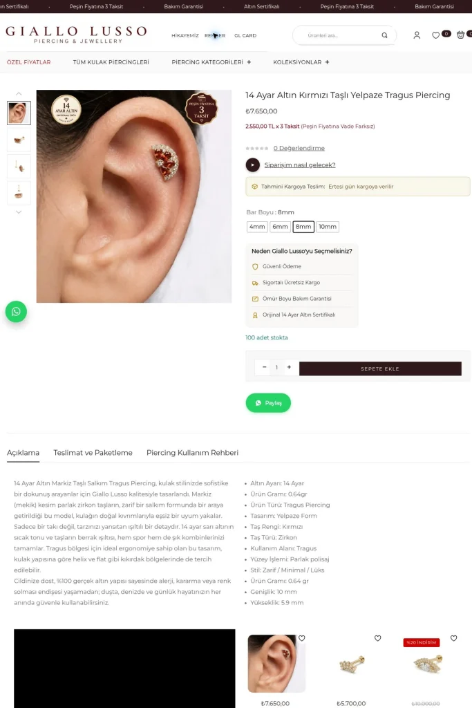 Giallo Lusso altın piercing ürün detayı ve alışveriş seçenekleri