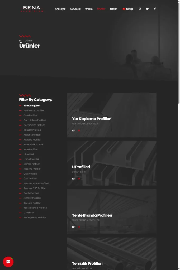Sena Alüminyum Web Sitesi tasarım detayı