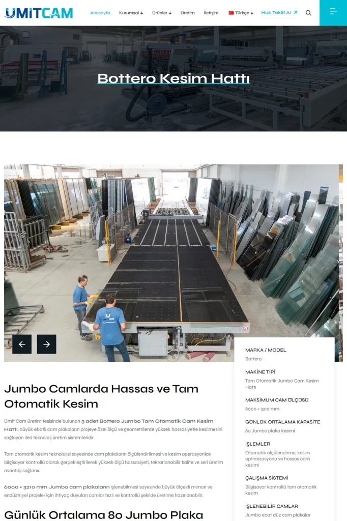 Ümitcam Web Sitesi ve Online Teklif Robotu tasarım detayı