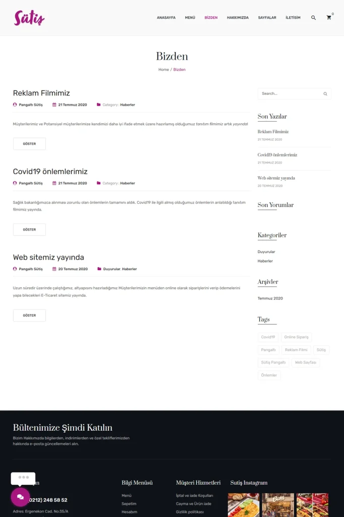 Sütiş Pangaltı Web Sitesi ve Dijital Menü tasarım detayı