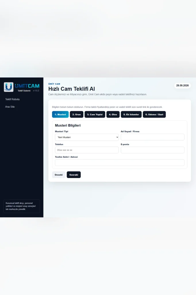 Ümitcam Web Sitesi ve Online Teklif Robotu tasarım detayı