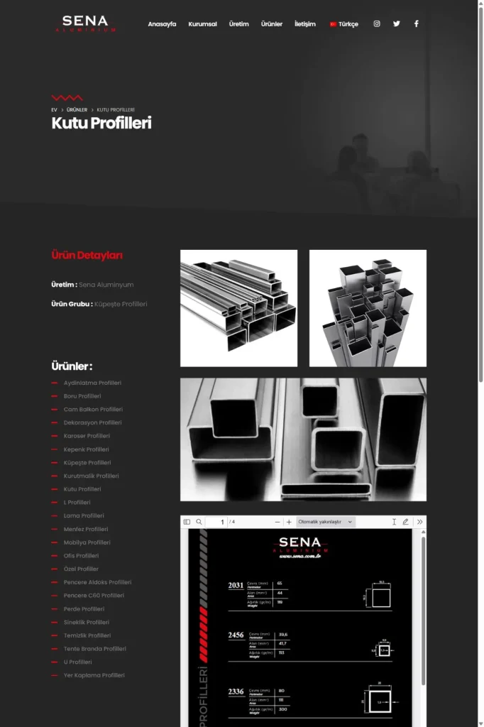 Sena Alüminyum Web Sitesi tasarım detayı