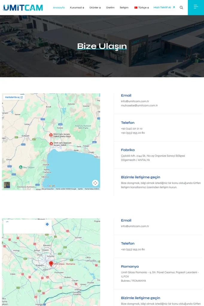 Ümitcam Web Sitesi ve Online Teklif Robotu tasarım detayı