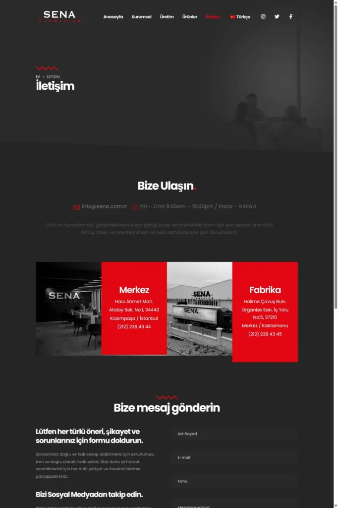 Sena Alüminyum Web Sitesi tasarım detayı