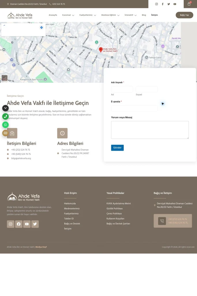 Ahde Vefa Vakfı Web Sitesi ve Bağış Modülü tasarım detayı