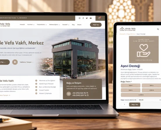 Ahde Vefa Vakfı web tasarımı ve online bağış modülü cihaz mockupı