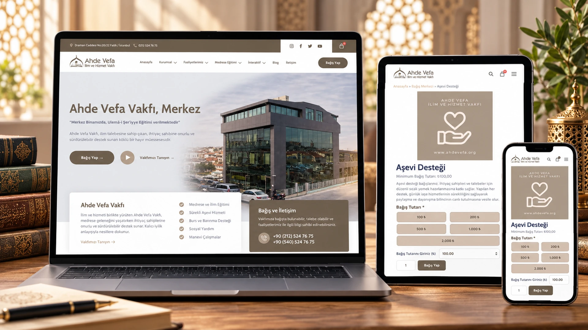 Ahde Vefa Vakfı web tasarımı ve online bağış modülü cihaz mockupı