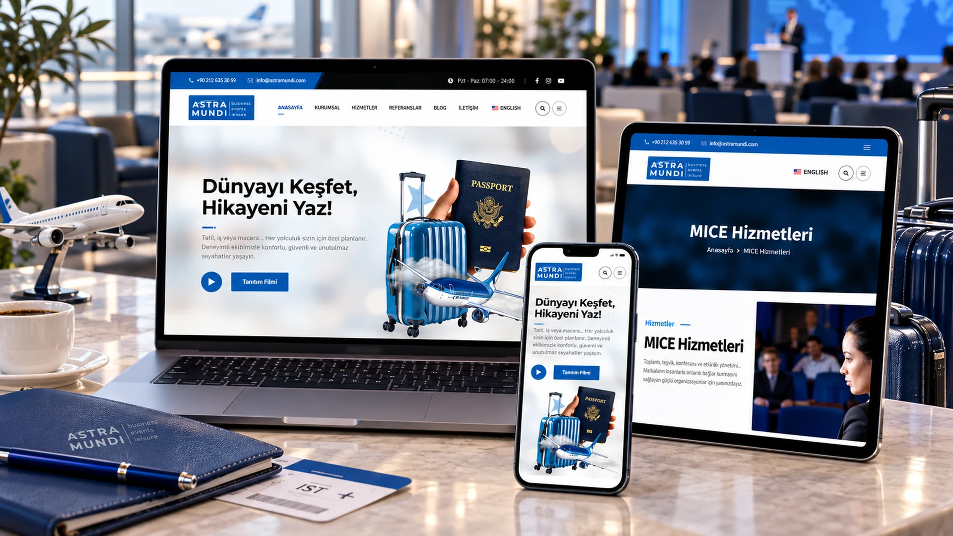 Astra Mundi Travel web sitesi masaüstü tablet ve telefon görünümü