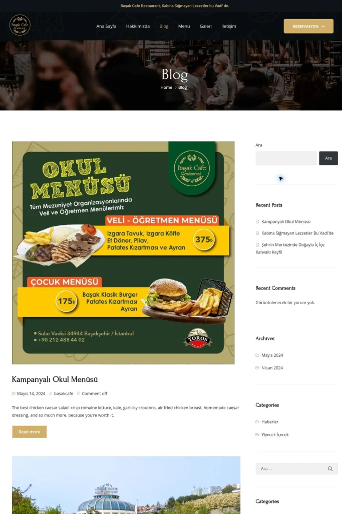 Başak Cafe Restaurant Web Sitesi ve Dijital Menü tasarım detayı