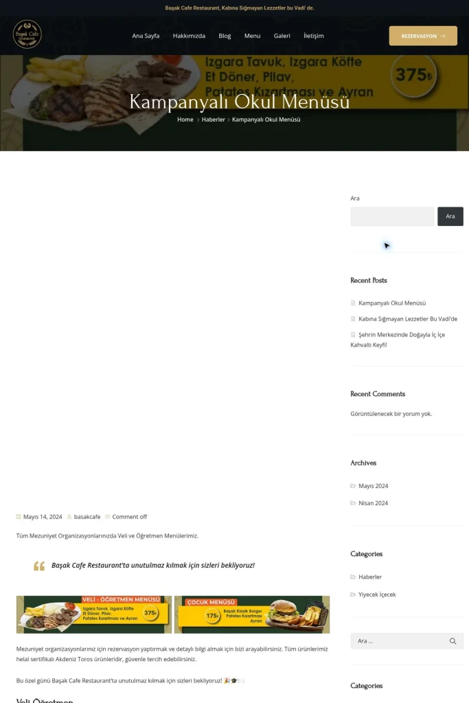 Başak Cafe Restaurant Web Sitesi ve Dijital Menü tasarım detayı