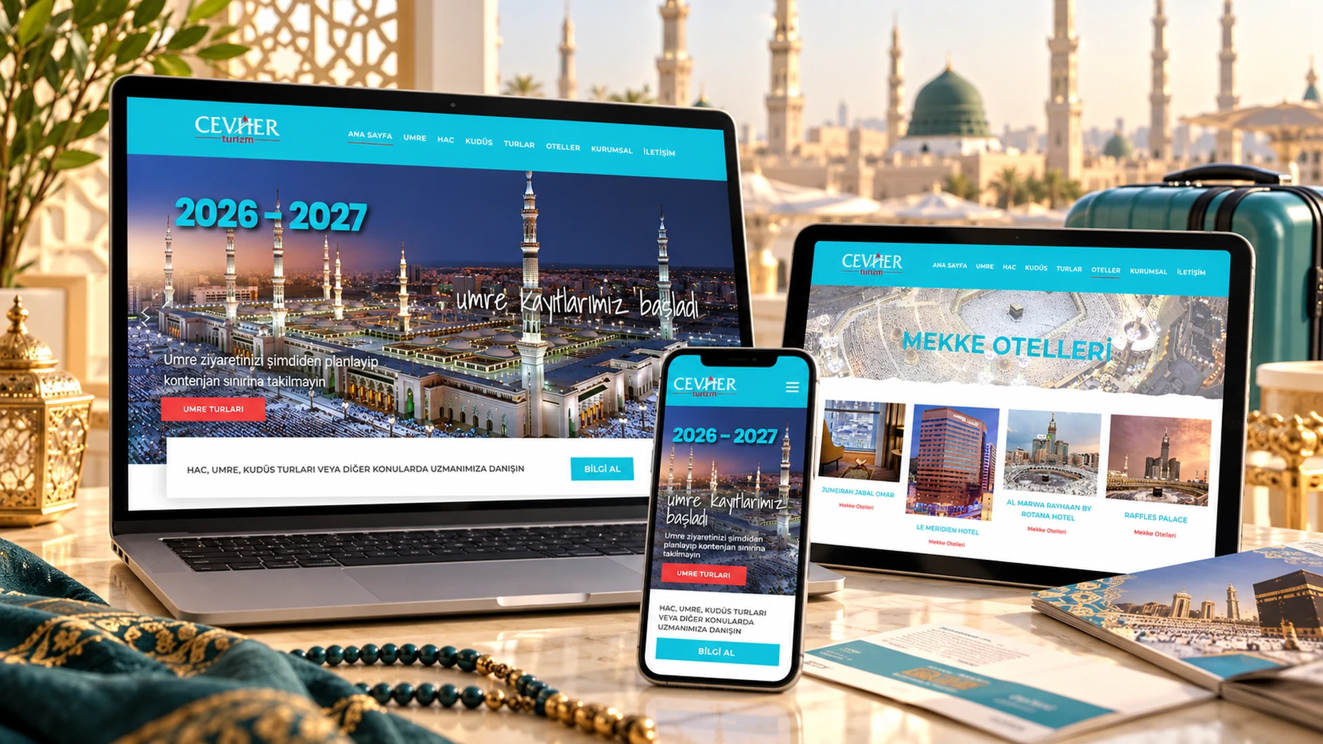 Cevher Turizm web sitesi masaüstü tablet ve telefon görünümü