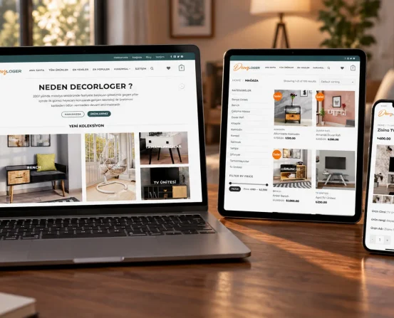 DecorLoger mobilya e-ticaret web sitesi; dizüstü, tablet ve telefonda ana sayfa, mağaza ve ürün detayı