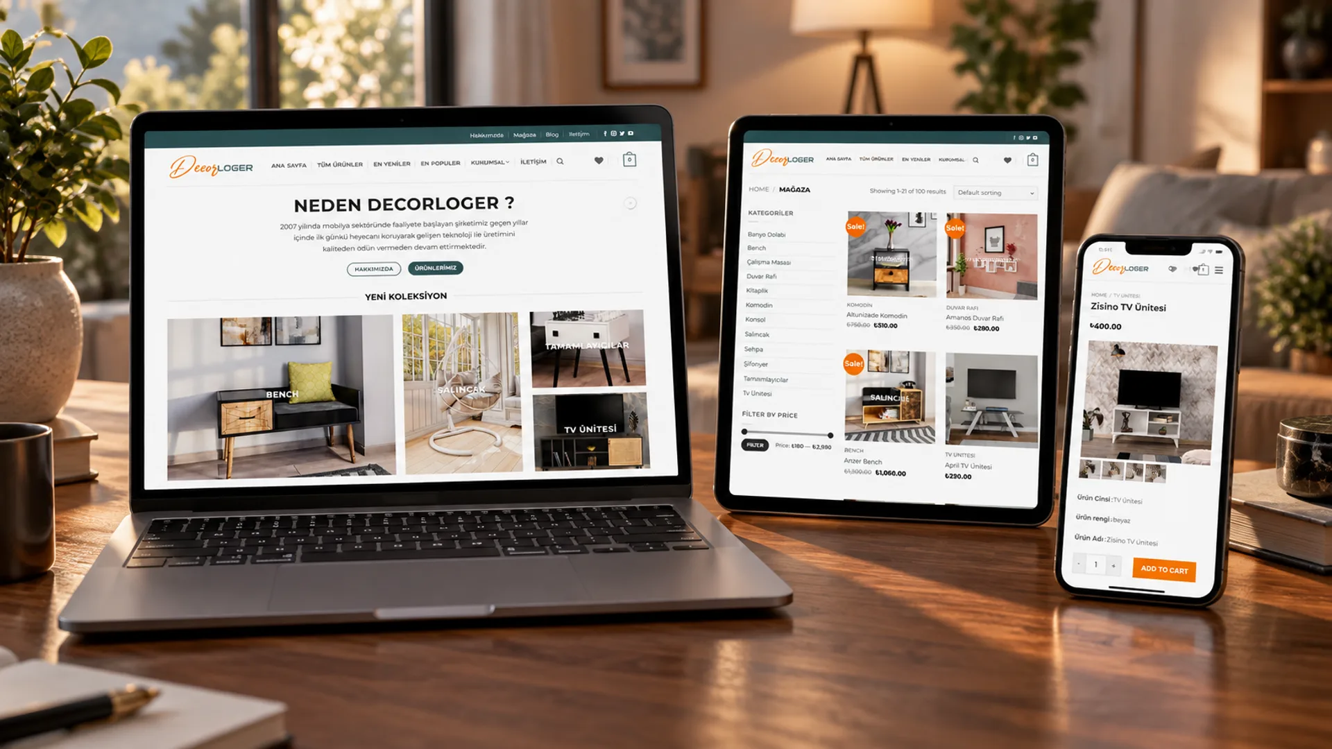 DecorLoger mobilya e-ticaret web sitesi; dizüstü, tablet ve telefonda ana sayfa, mağaza ve ürün detayı