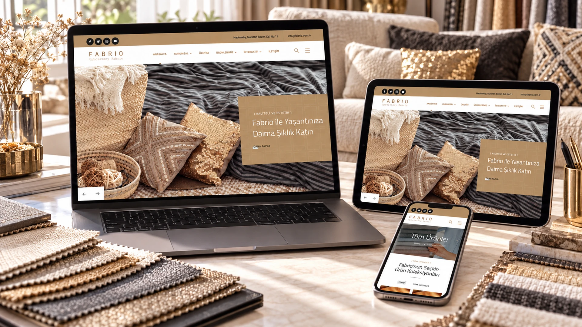 Fabrio web sitesi masaüstü tablet ve telefon görünümü