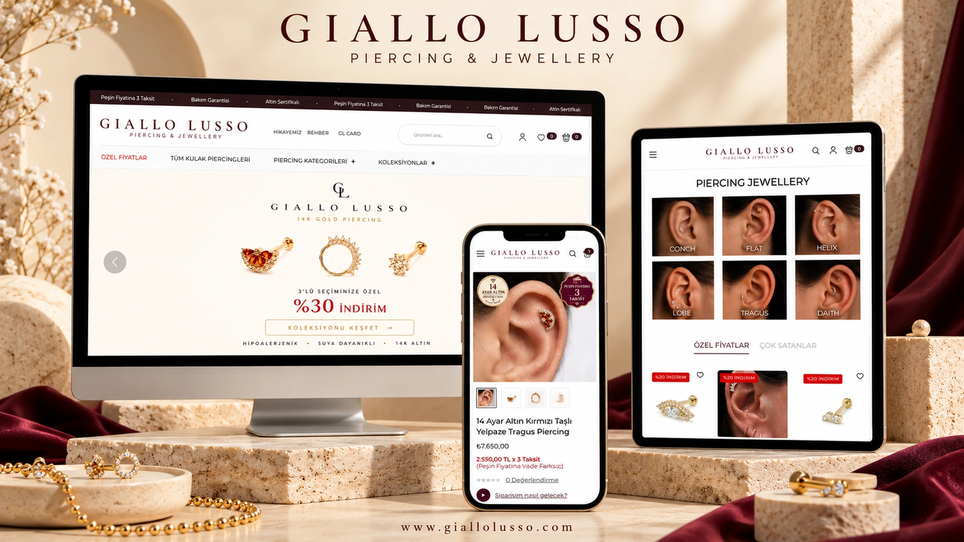 Giallo Lusso e-ticaret sitesinin bilgisayar, tablet ve telefon üzerinde sunumu