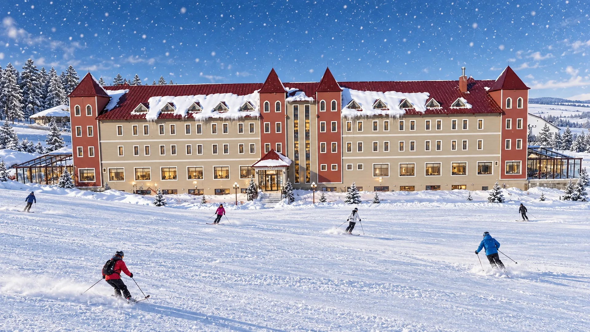 Kayı Snow Otel Sarıkamış kış manzarası ve kayakçılar