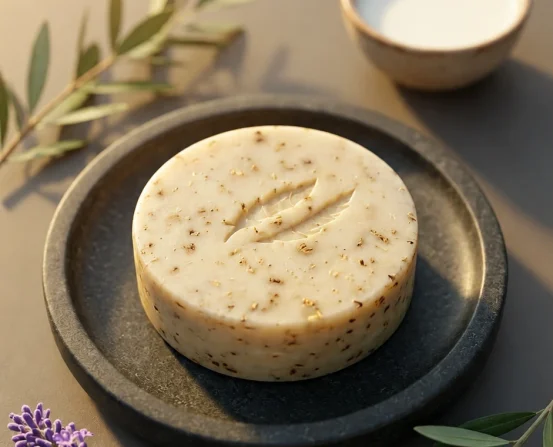 Safbun doğal sabun ürün filmi kapağı; tabakta sabun, lavanta, zeytin ve süt eşliğinde “Pure care” başlığı.