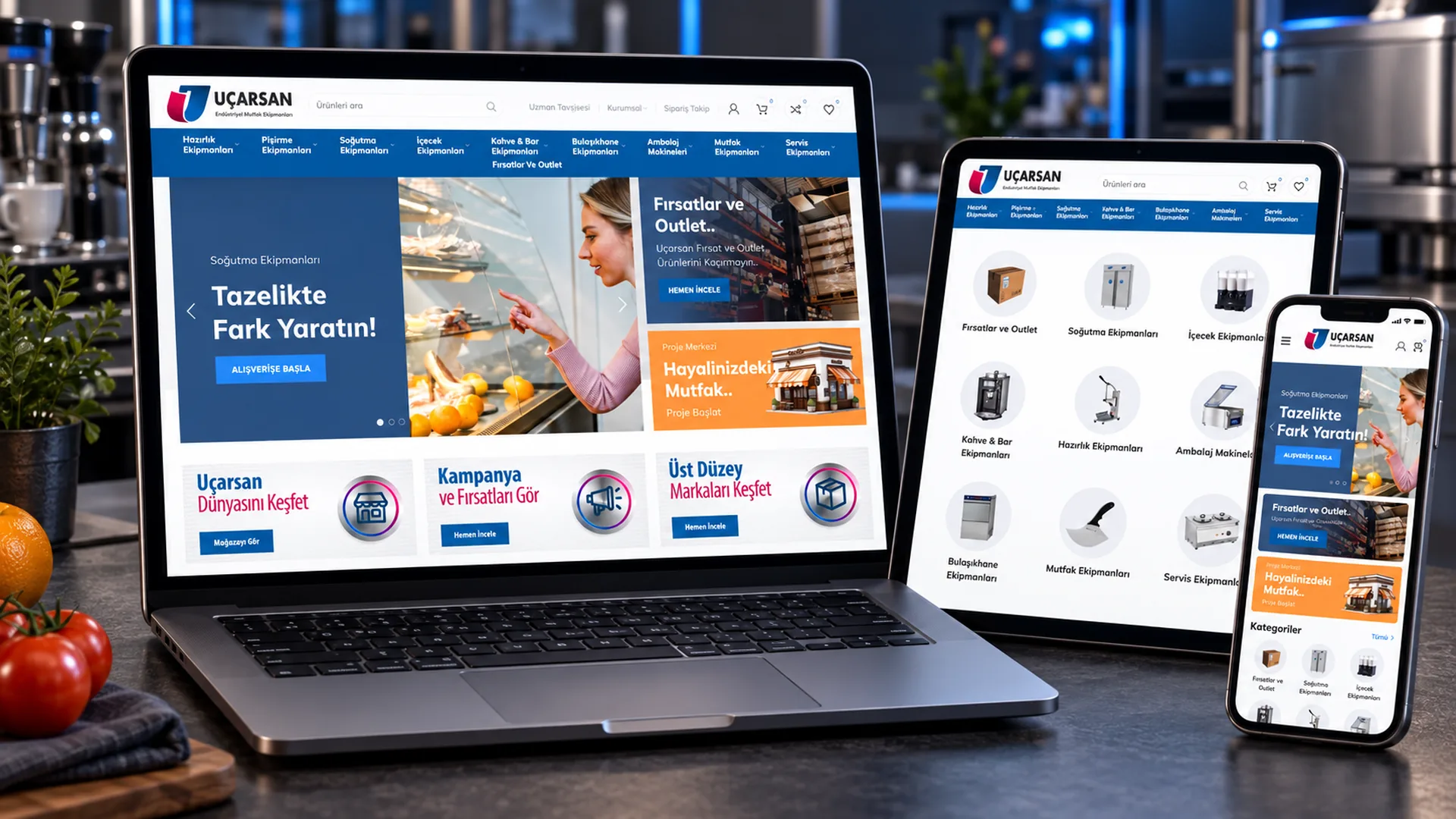 Uçarsan Mutfak e-ticaret sitesi masaüstü, tablet ve mobil cihaz mockup kapağı