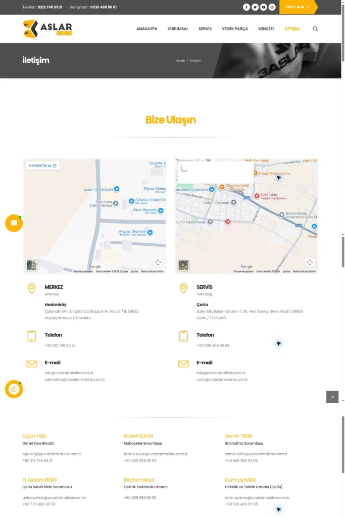 Üçaslar Makine Web Sitesi ve Yedek Parça Kataloğu tasarım detayı