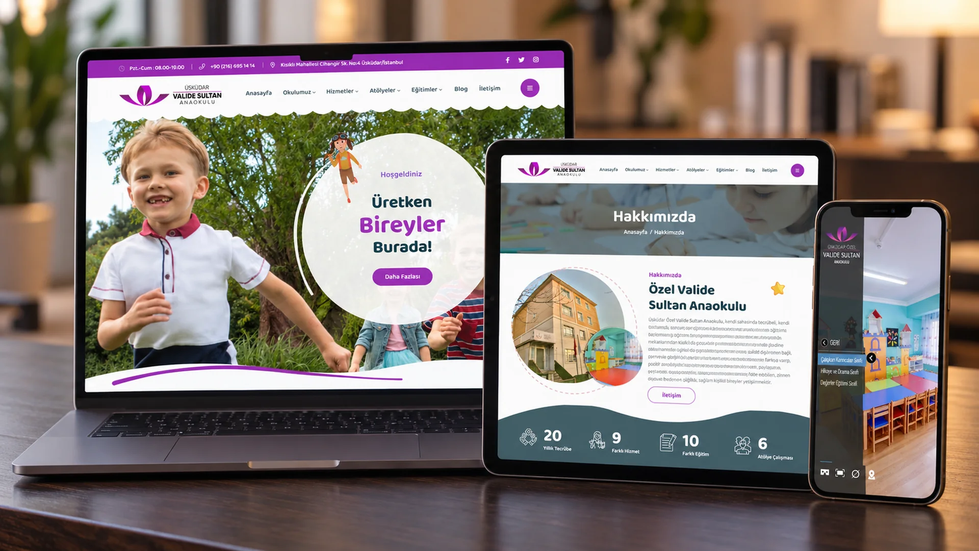 Üsküdar Valide Sultan Anaokulu web sitesi; dizüstü, tablet ve telefonda ana sayfa, hakkımızda ve sanal tur ekranları