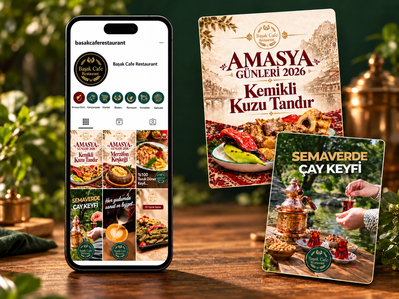 Başak Cafe Restaurant sosyal medya post tasarımları telefon mockup sunumu