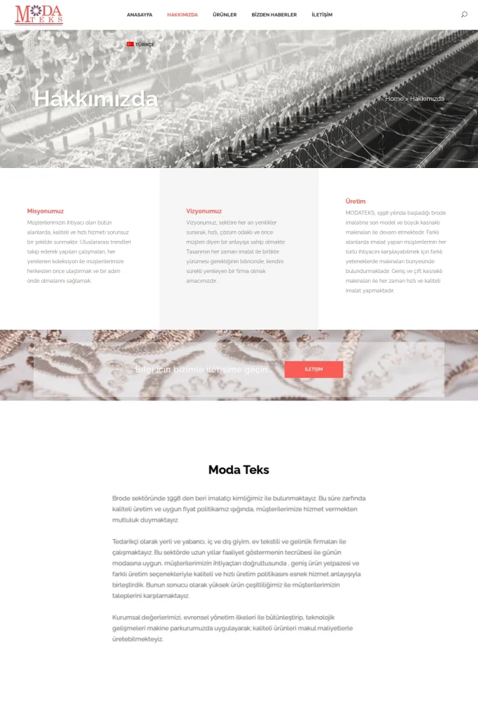 Modateks Kurumsal Web Sitesi ve Ürün Kataloğu tasarım detayı
