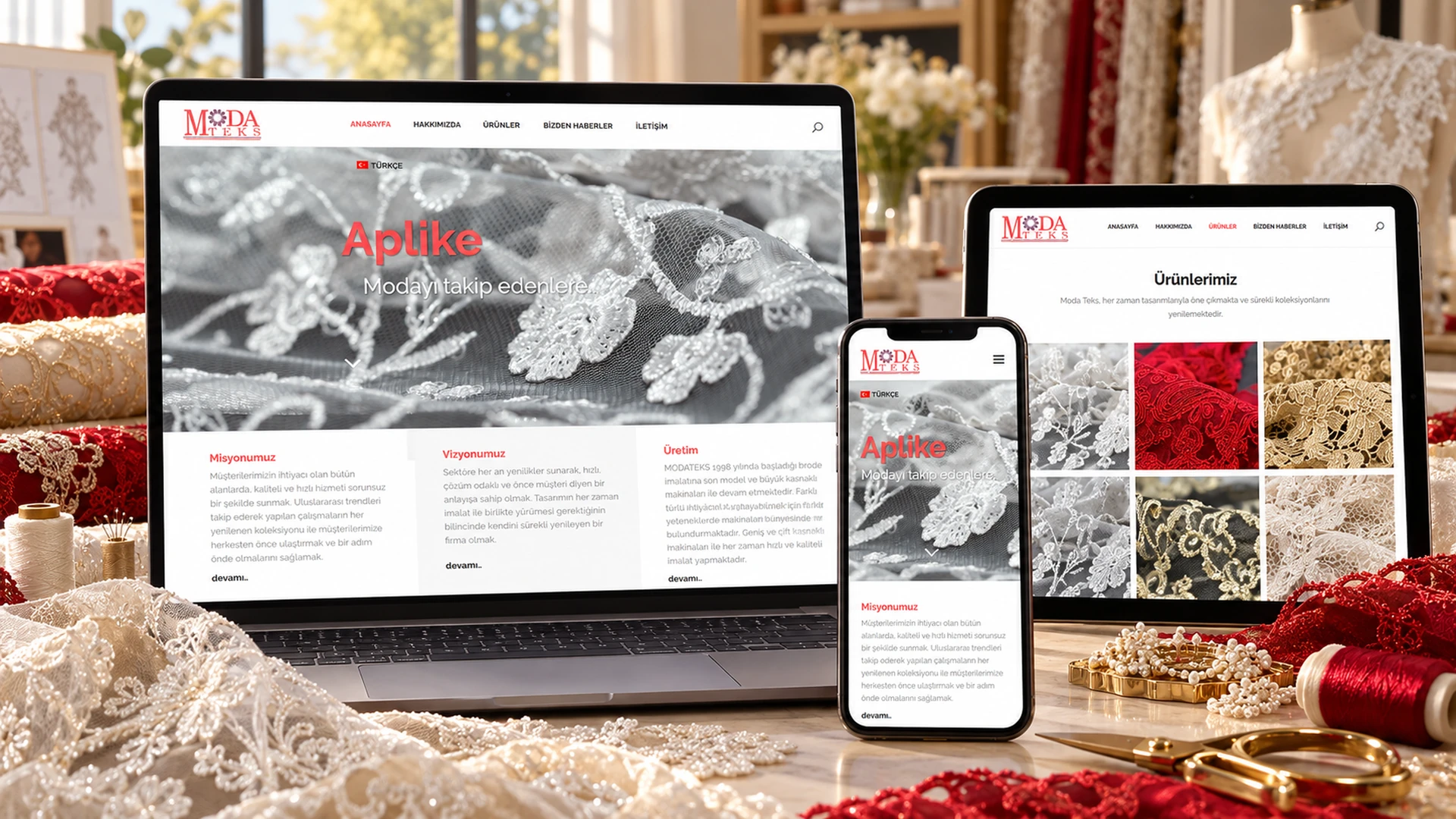 Modateks kurumsal web sitesi ve ürün kataloğu mockup