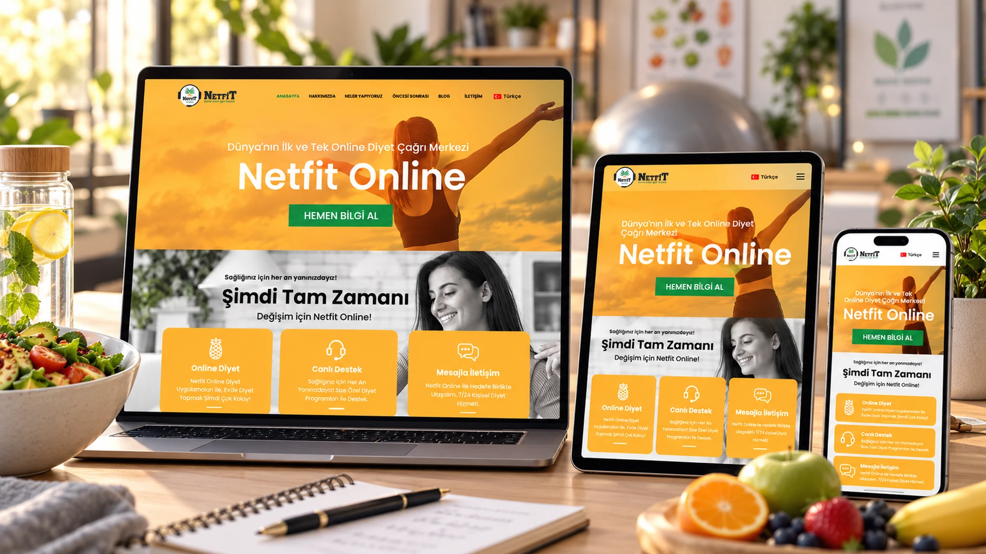 Netfit Online web sitesi masaüstü tablet ve mobil mockup