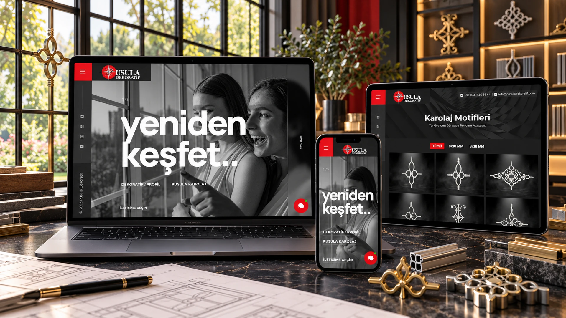 Pusula Karolaj web sitesi masaüstü tablet ve telefon görünümü