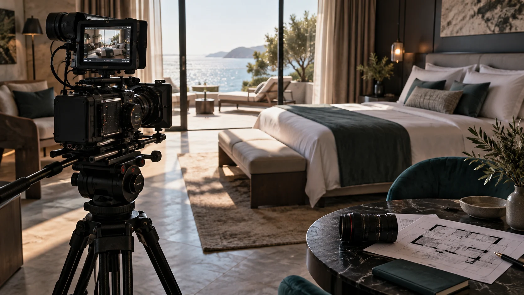 Otel odasında tanıtım filmi ve fotoğraf çekimi hazırlığı