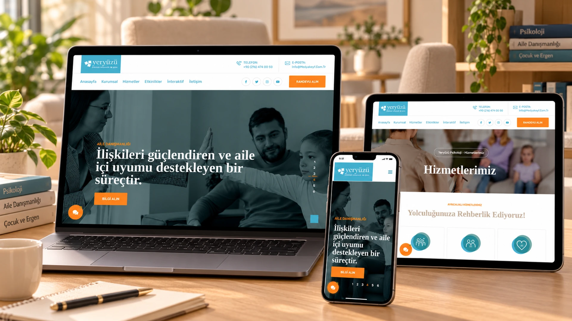 Yeryüzü Psikoloji web sitesi masaüstü tablet ve telefon görünümü